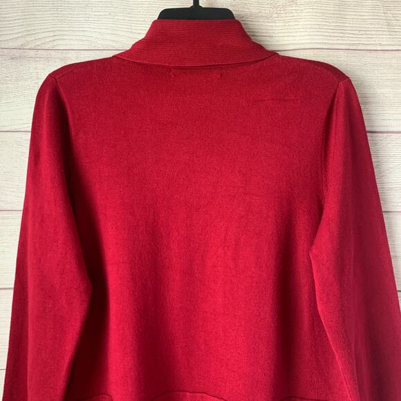 Pointelle Long Red Cardigan Sweater Open Front Folded Neckline Size Small - Picture 6 of 16